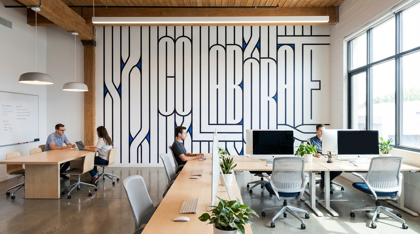 Can you mock up this wall mural graphic onto an office wall. The office should b (1)